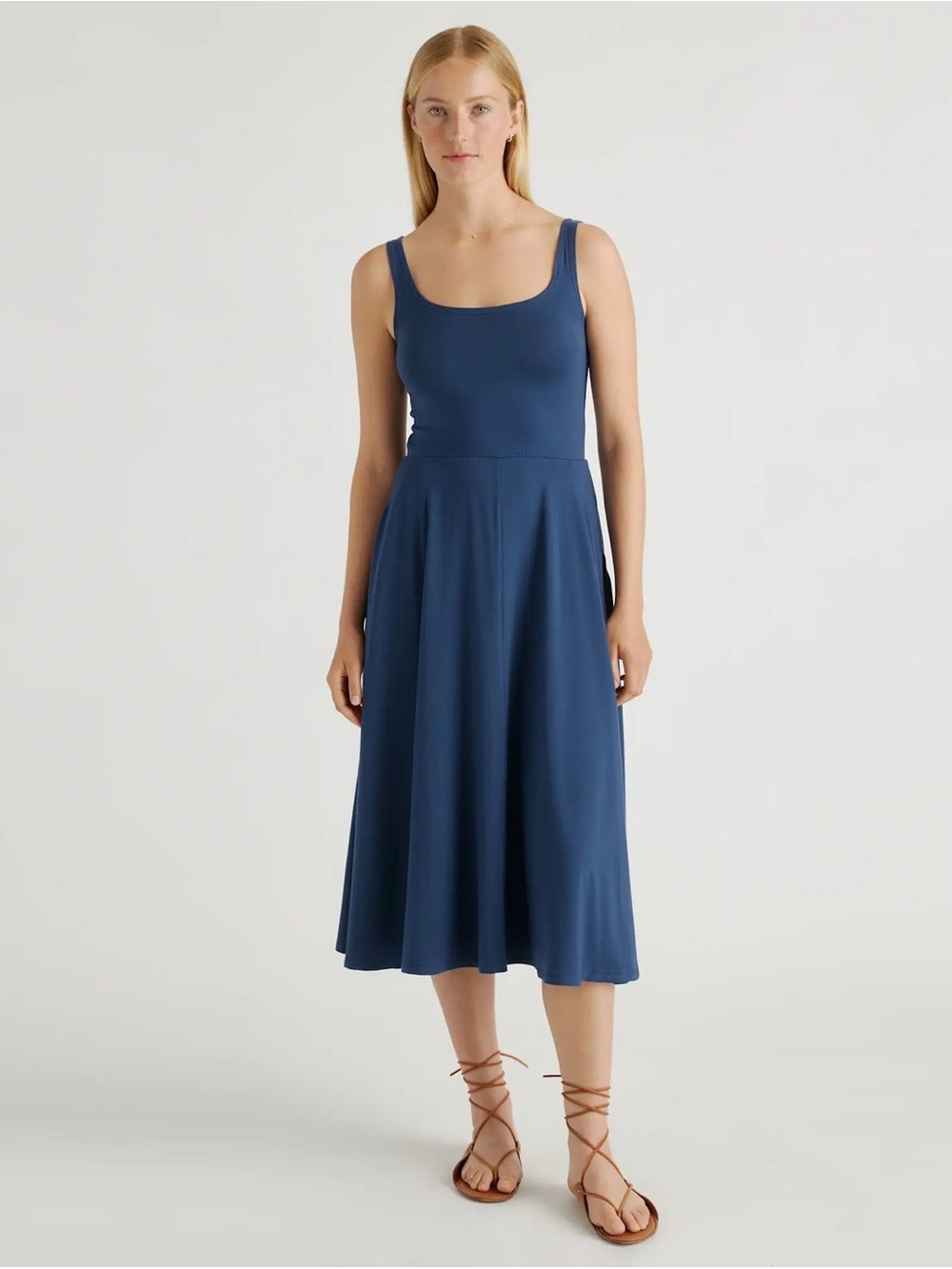 Quince Tencel Jersey Fit & Flare Dress in Navy